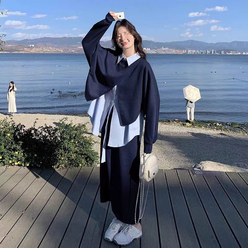 韩系休闲衬衫卫衣三件套女春秋2025新款减龄设计感开春穿搭一整套|undefined