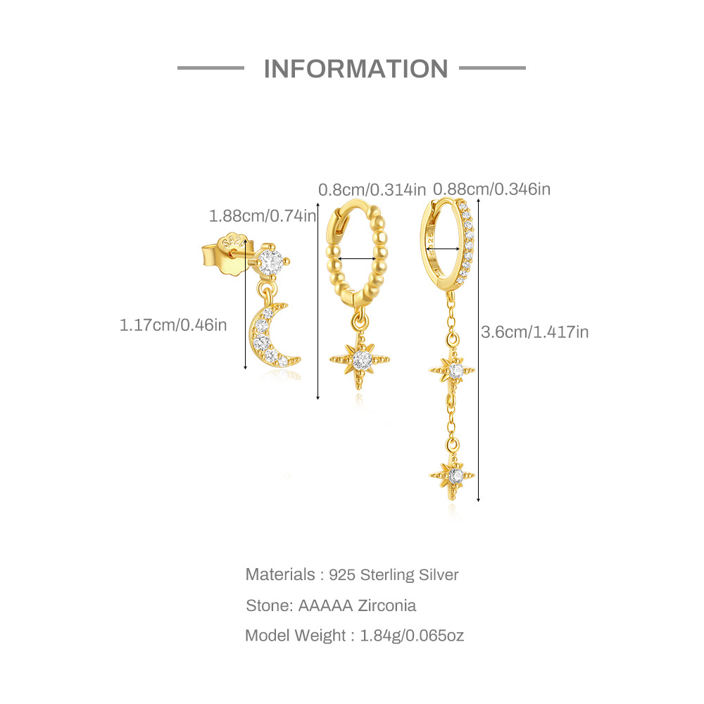 3 Pieces 925 Sterling Silver Zircon Geometric Earrings display picture 2