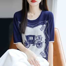 【厂家直供】圆领莱赛尔天丝短袖Tt恤女夏季新款刺绣短款针织上衣