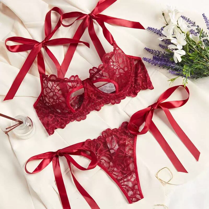 New Hot-Selling French Lace Bra with Underwire Push-Up Three-Point Bow Strap Sexy Underwear Set