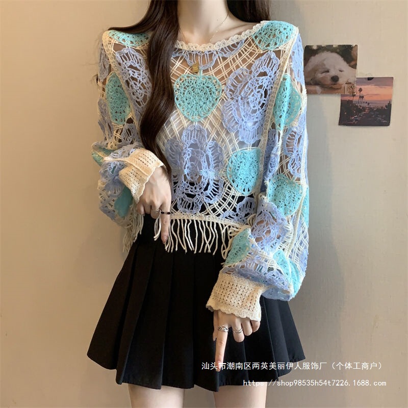 2025 Early Autumn Spring Hollow Tassel Thin Knitted Sweater Women's Large Size French Crochet Short Contrast Color Sweater Top