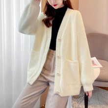 跨境仿貂绒针织开衫2025秋d季新款毛衣慵懒风女装宽松中长款外套