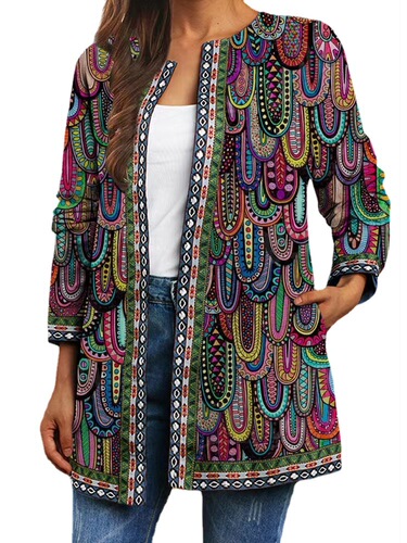 9399#Foreign Trade Cross-border Autumn and Winter New Retro Ethnic Style Printed Long Sleeve Jacket Cardigan Women's Top