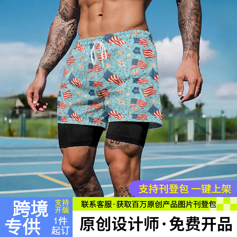 Summer New Fake Two-Piece Sports Shorts American Flag Print Design Men's Double-Layer Quick-Drying Running Pants