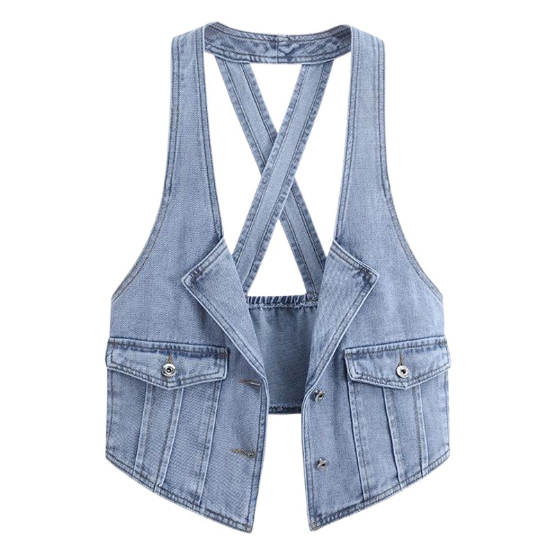 Chaleco de mezclilla de verano de las mujeres Chaleco Corto chaleco desgaste exterior chaleco Halter desgaste exterior estilo Chanel chaleco moda