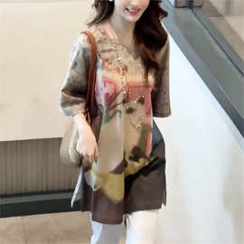 一件代发2026新款夏季时尚慵懒宽松百搭印花中长款显瘦短袖T恤女