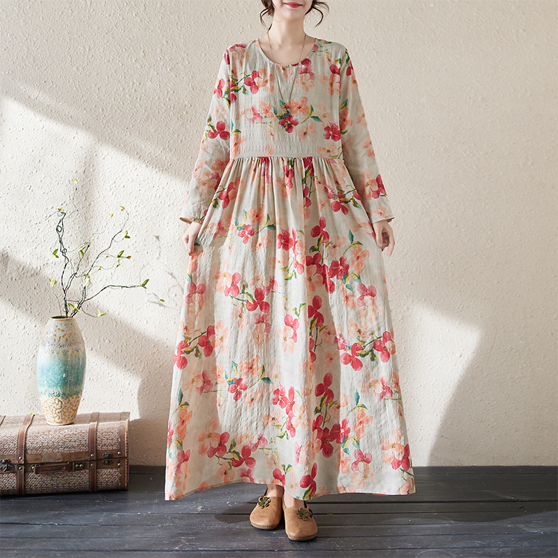 Women Vacation Floral Print Crew Neck Retro Dress Cotton Linen Loose Maxi  Gown | eBay