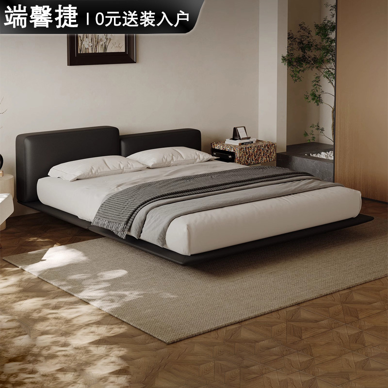 Cama flotante de bloque de tofu alto y bajo minimalista de estilo italiano, cama de cuero de vaca de primera capa, cama de cuero para dormitorio principal, cama doble 2*2.2, cama de matrimonio