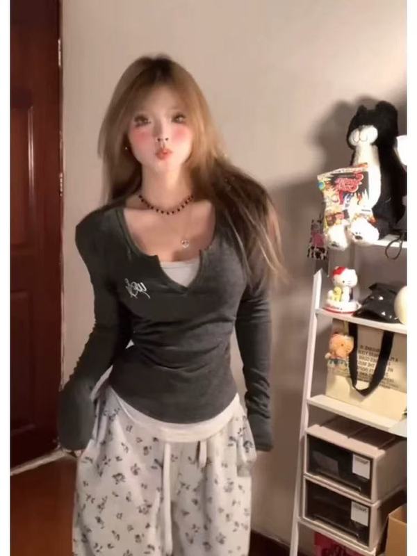 美式复古灰色假两件长袖t恤女秋季内搭打底修身显瘦辣妹短款上衣|undefined