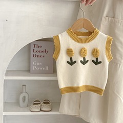 2023 Autumn Clothing for Infants and Children Internet Celebrity Knitted Cute Baby Girl Three-dimensional Flower Sleeveless Knitted Pullover Top