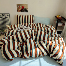 慵懒条纹牛奶绒四件套小红书博主热款简约三件套珊瑚绒法莱绒ins