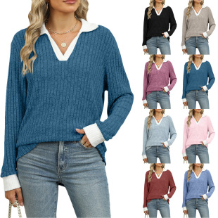 Amazon Europe and the United States cross-border foreign trade 2024 autumn and winter new contrast color lapel long sleeve loose T-shirt jacket women's in stock