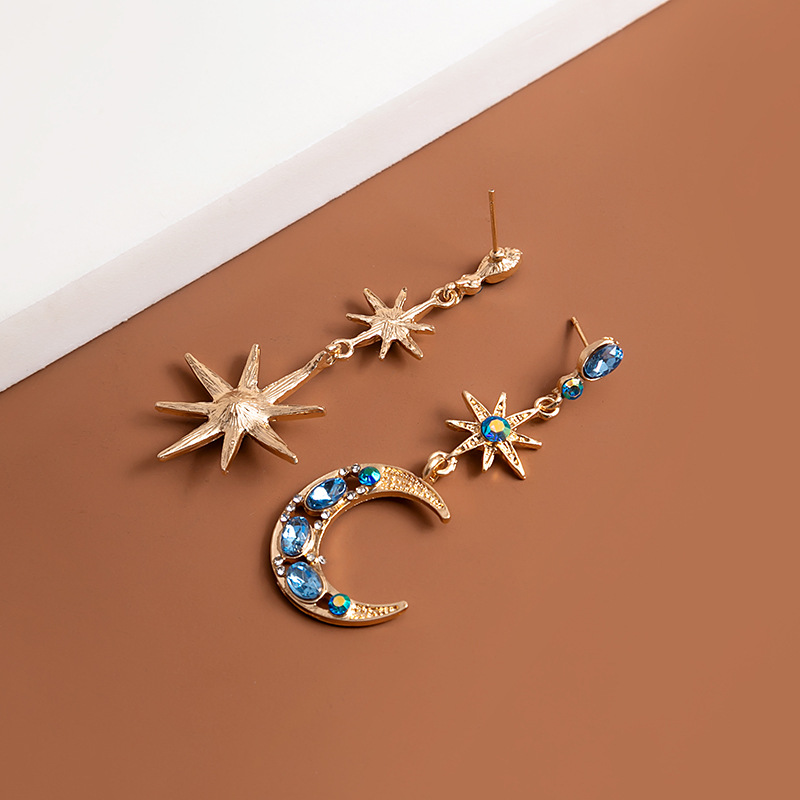 Star, Moon Pattern 1 Pair Retro Star Moon Inlay Alloy Rhinestones Drop Earrings
