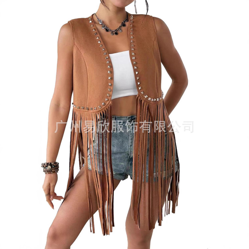 Women's Tassel 60S 70S Hippie Vest Sleeveless Denim Western Faux Suede Tassel Jacket