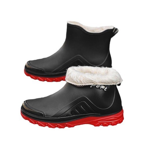 Fleece-lined thermal rain boots for men, short-cuff non-slip waterproof shoes, kitchen rubber shoes, car-washing and construction-site wear-resistant water boots with fleece lining.
