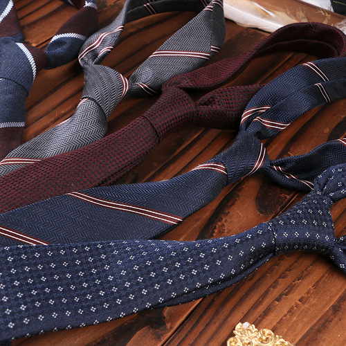 工厂直供男士商务7cm涤棉交织手打领带条纹纯色正装职业时尚批发
