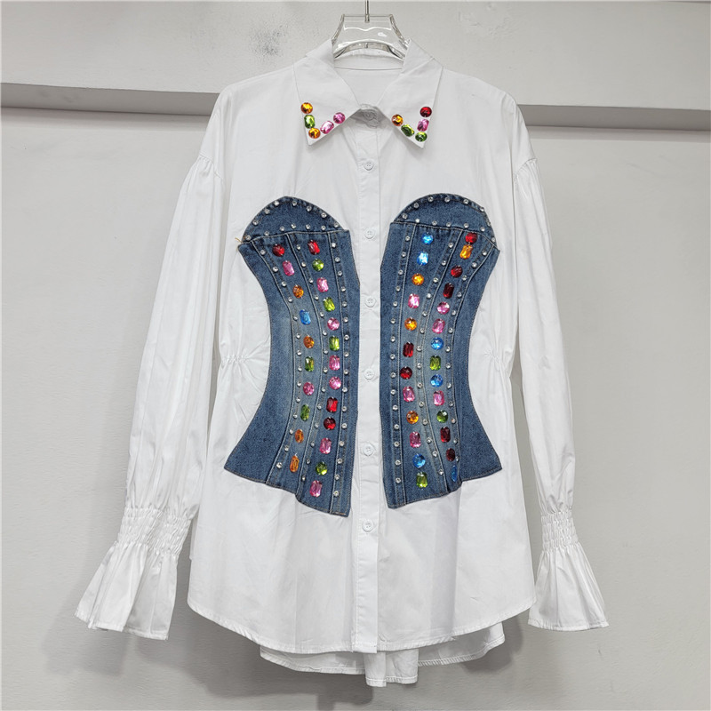 Diseño de manga larga empalmada camisa vaquero de cintura baja mujer 2026 nueva camisa delgada y de moda