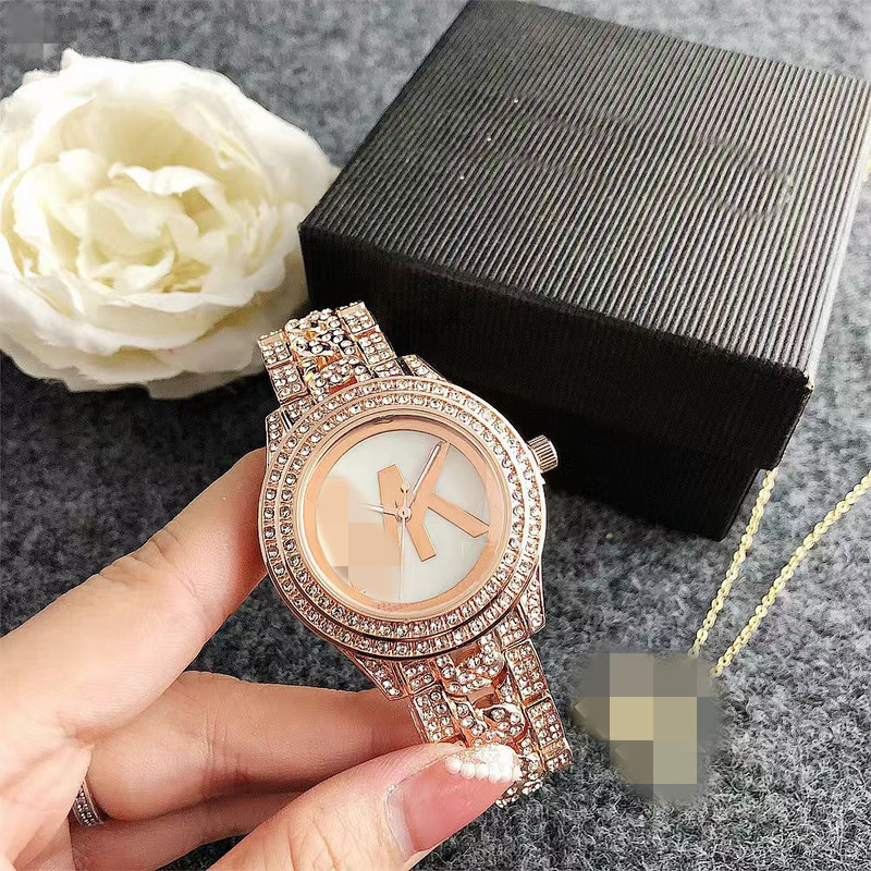 Cross-Border New m Women's Fashion Quartz Solid Steel Band Watch Double Row Diamond Large Logo Mother-Of-Pearl Dial Guangzhou Watch