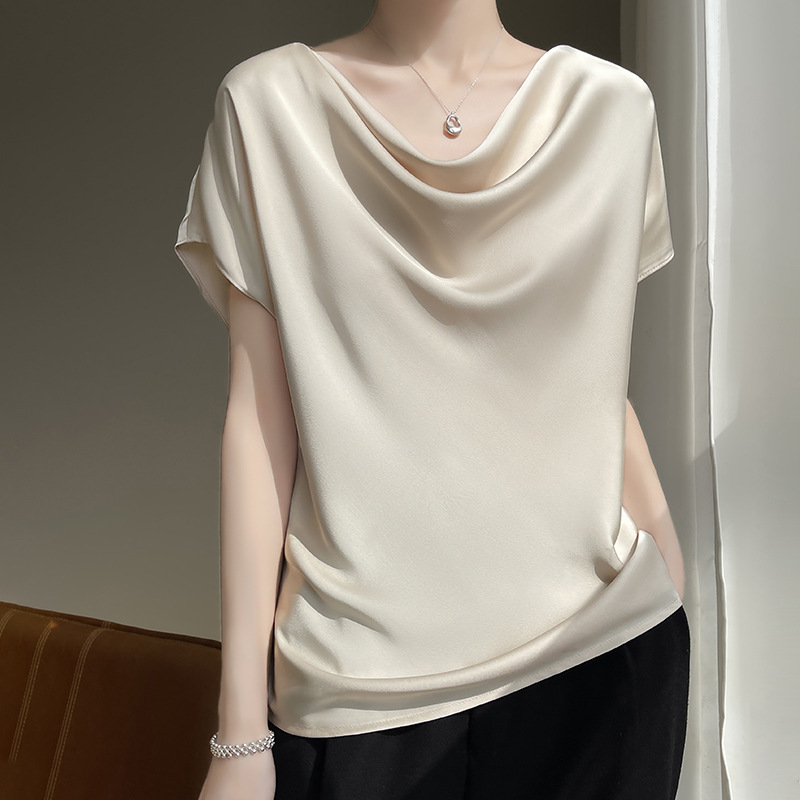 French Style Silk Pile Collar Short Sleeve Women's Acetic Acid Satin Top 2025 Summer New Style Silk T-Shirt Small Shirt