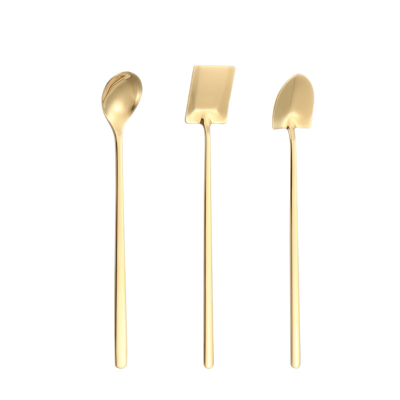 Fábrica directa 304 cucharas de hielo de acero inoxidable creativas cucharas de oro de titanio de mango largo bar de café té de leche regalos