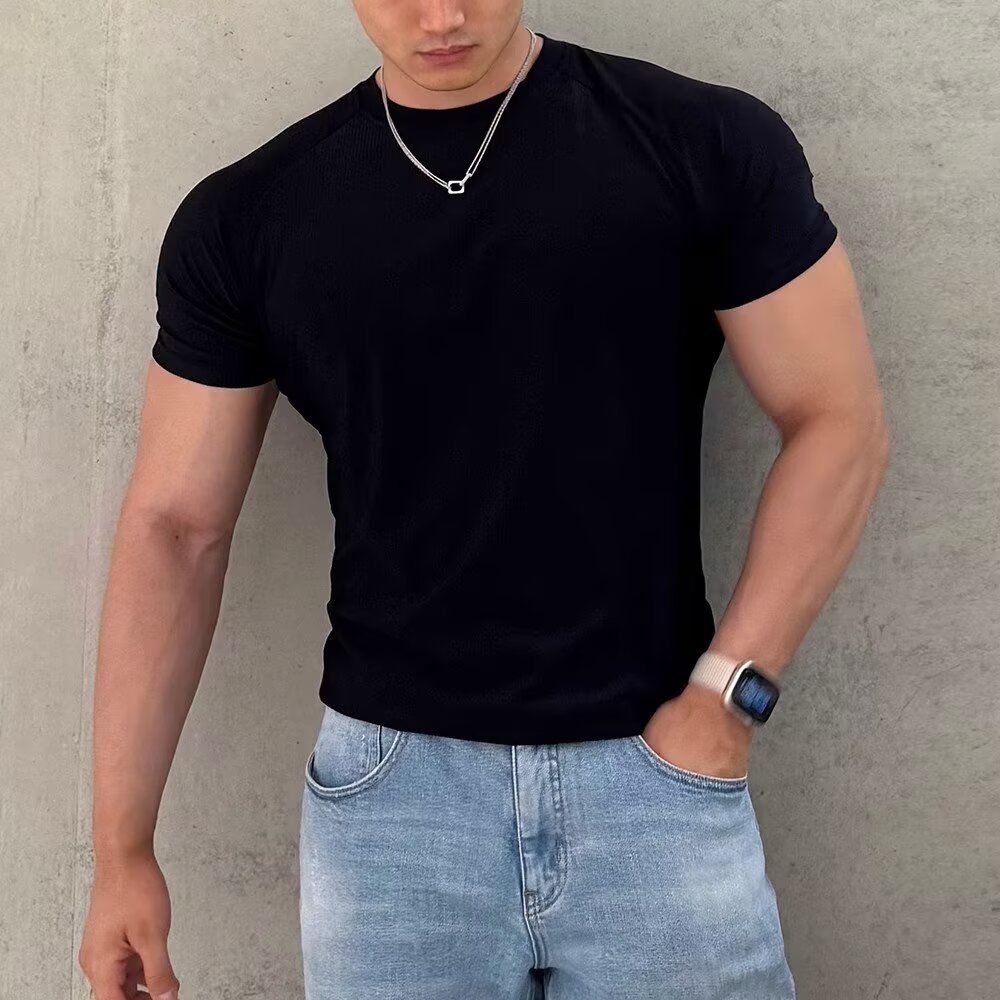 Men's Performance Stripped T-Shirt – Quick-Dry Stretch Muscle Tee With Raglan Sleeves For Gym & Streetwear (Gray, White, Black)_voghion.com