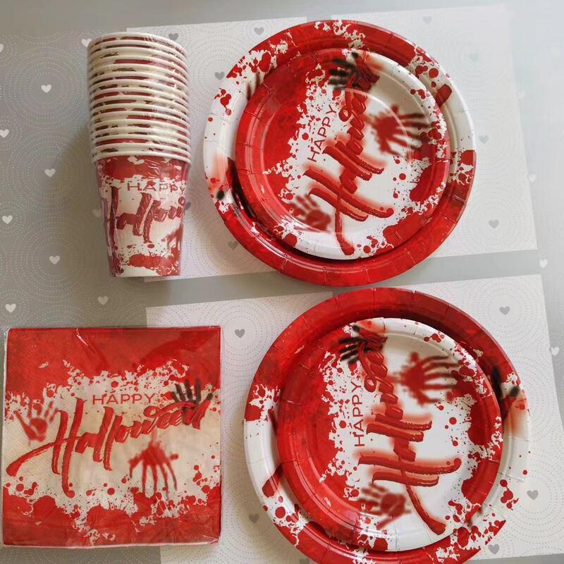 New Halloween Horror Party Blood Handprint Paper Tray Paper Cup Paper Towel Disposable Tableware suit Decoration Supplies