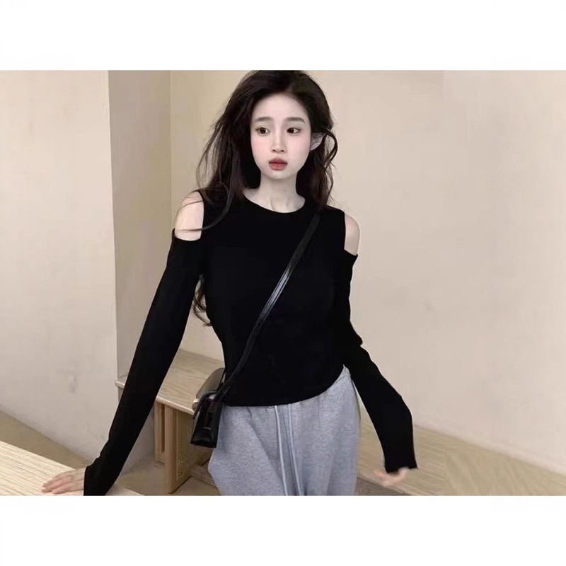 Black Long-Sleeved T-Shirt for Women 2025 New Style with Off-Shoulder Design Top for Small People Short Bottoming Shirt Black Long-Sleeved T-Shirt for Women 2025 New Style with Off-Shoulder Design Top for Small People Short Bottoming Shirt