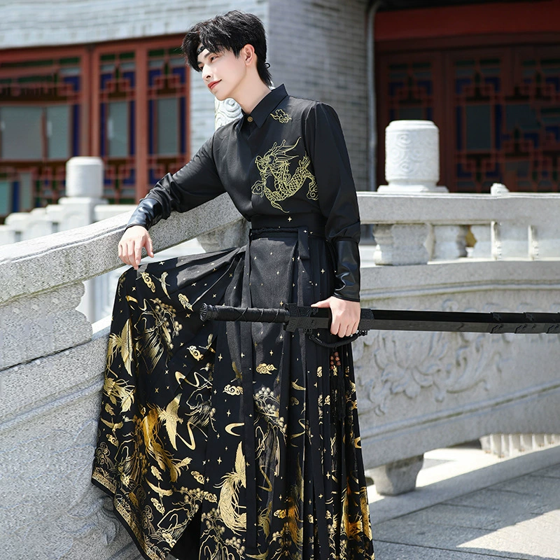 Новый оригинальный мужской красивый китайский стиль рубашка с позолотой лошадь юбка Hanfu Новый китайский топ студенческий костюм