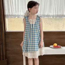 女童连衣裙2025宝宝夏季格子假两件花边拼接裙儿童时髦洋气背带裙