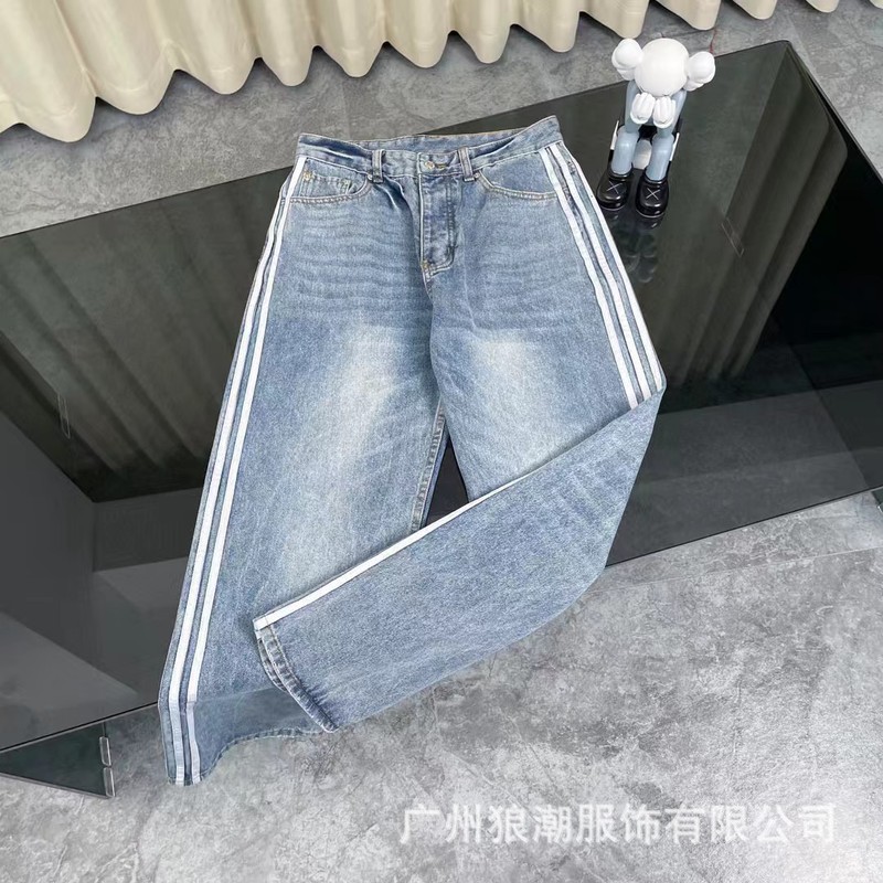 Bファミリースタイルジョイントウォッシュサイドストライプスリーバー ルーズストレートジーンズ パンツ メンズ ワイドレッグパンツ 在庫あり|undefined