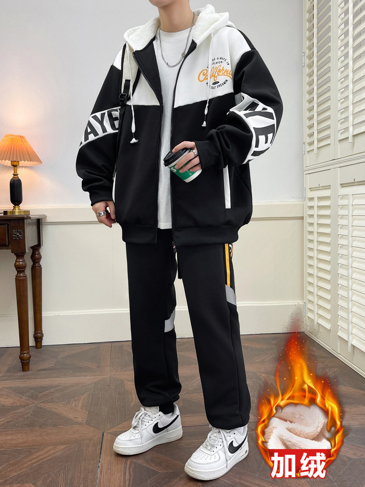 Conjunto de sudadera gruesa con forro polar para hombre, conjunto de dos piezas deportivo informal, cómodo y cálido, con patchwork de moda para otoño e invierno, para adolescentes.