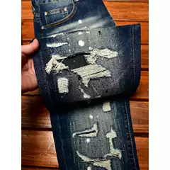 High end jeans for men, slim fit small leg pants, torn patches, scraped inkjet Korean style trendy elastic fashion pants