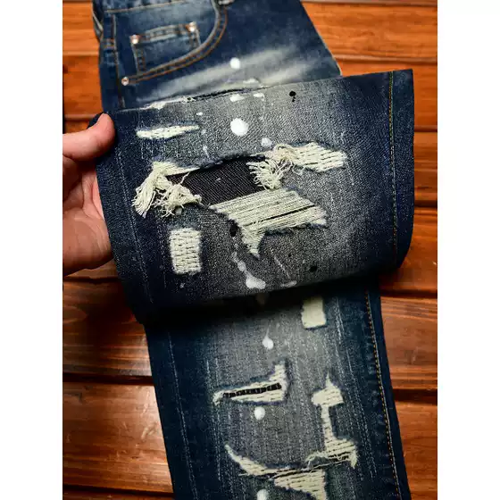 High end jeans for men, slim fit small leg pants, torn patches, scraped inkjet Korean style trendy elastic fashion pants