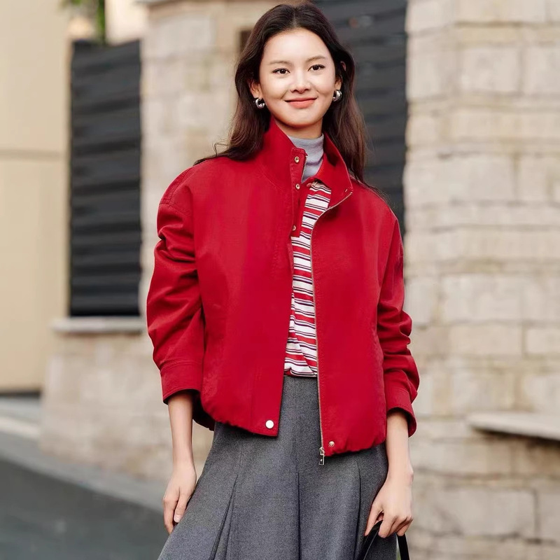 2026 Spring New Year Series Red Skin-Friendly Cotton Jacket Women's Zipper Stand Collar Casual Jacket 2026 Spring New Year Series Red Skin-Friendly Cotton Jacket Women's Zipper Stand Collar Casual Jacket