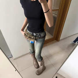 170高个子美式辣妹风复古蓝紧身小脚牛仔裤女高腰修身弹力铅笔裤