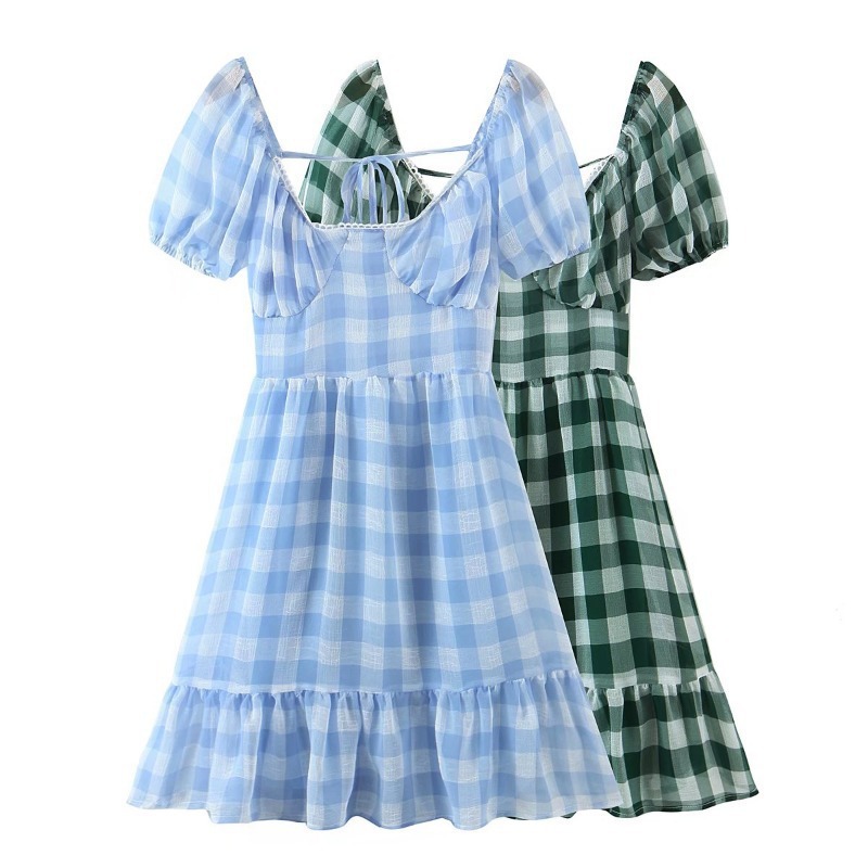 Square Collar Backless Ruffle Puff Sleeve lace-up Plaid Dress NSXDX120869