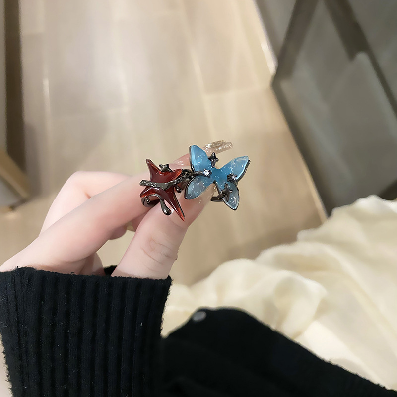 新中式復古清冷感琥珀漸變色蝴蝶戒指女紅色芒星獨特個性氣質指環