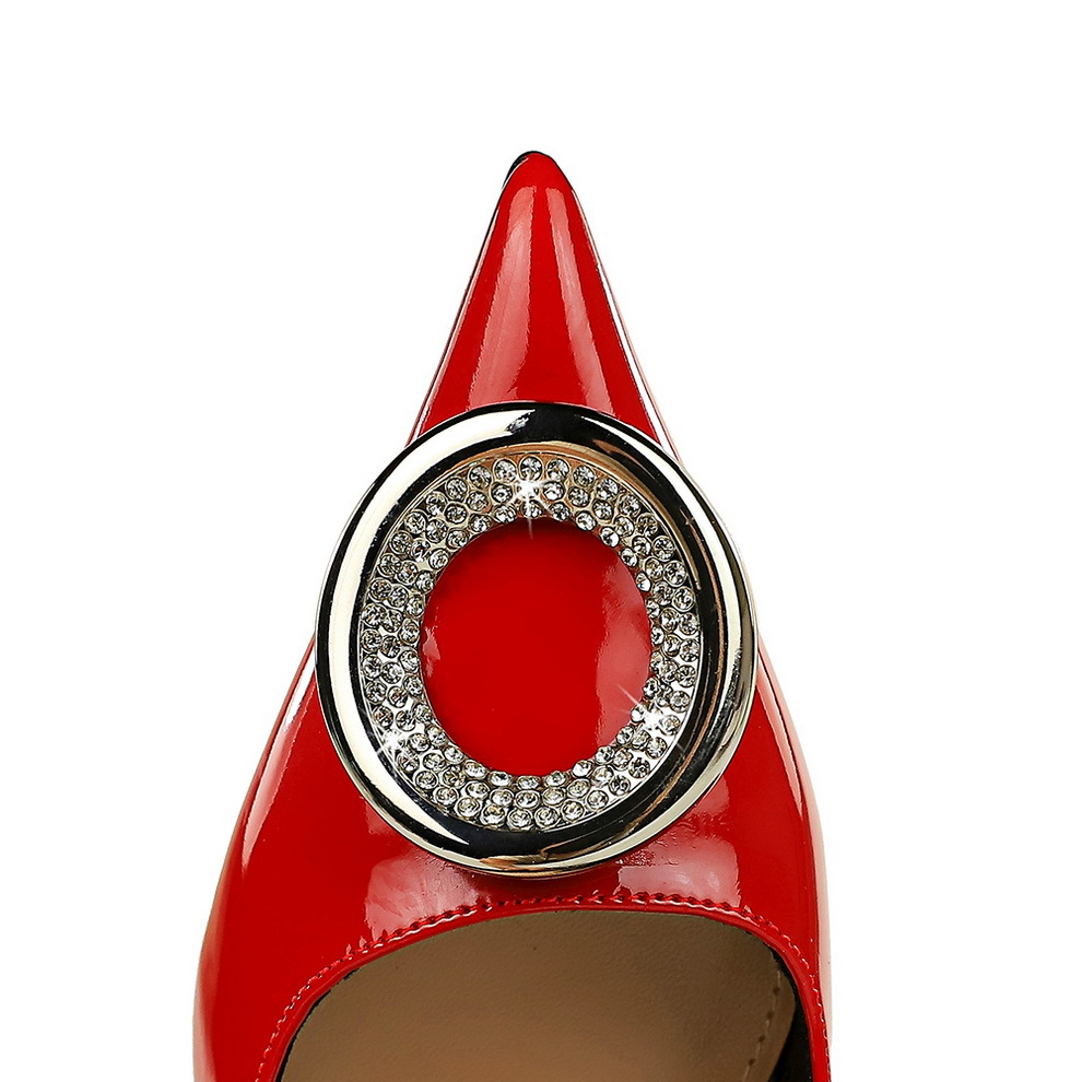 6122-K61 European And American Style High Heels Thin Heel Glossy Patent Leather Shallow Mouth Pointed Toe Metal_vogvips.com