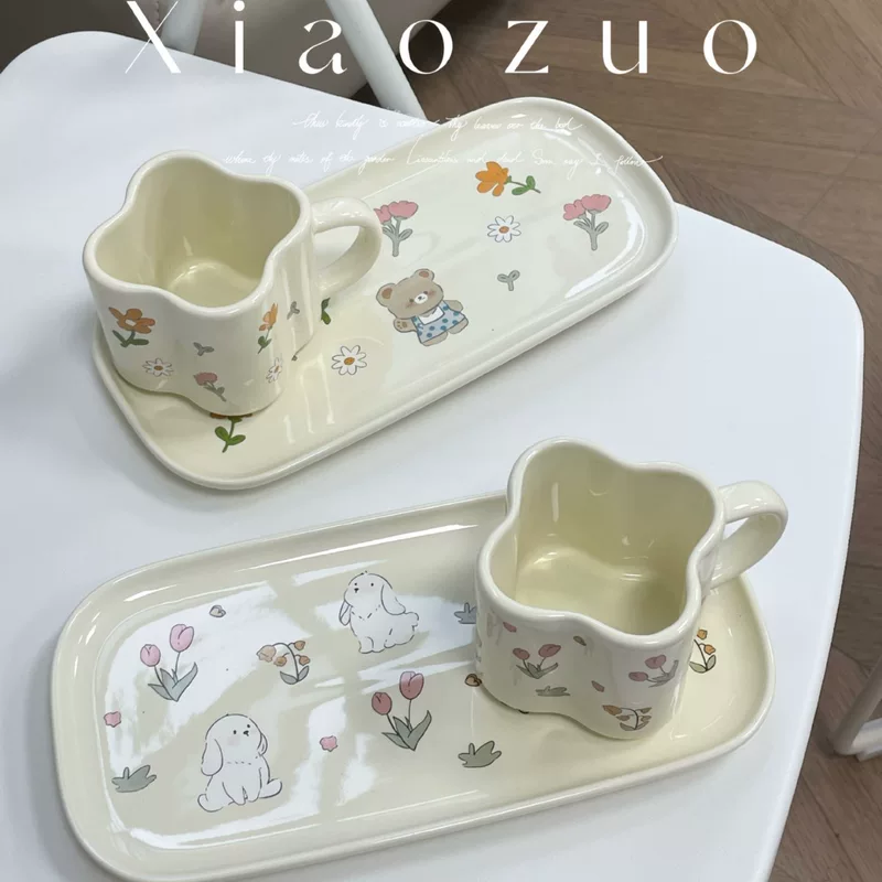 Cute ceramic dinner plate, cream high quality coffee tableware, with little bears