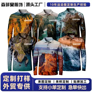 风景印花长袖 Polo 衫定制 热升华全身印户外钓鱼服 外贸团队服