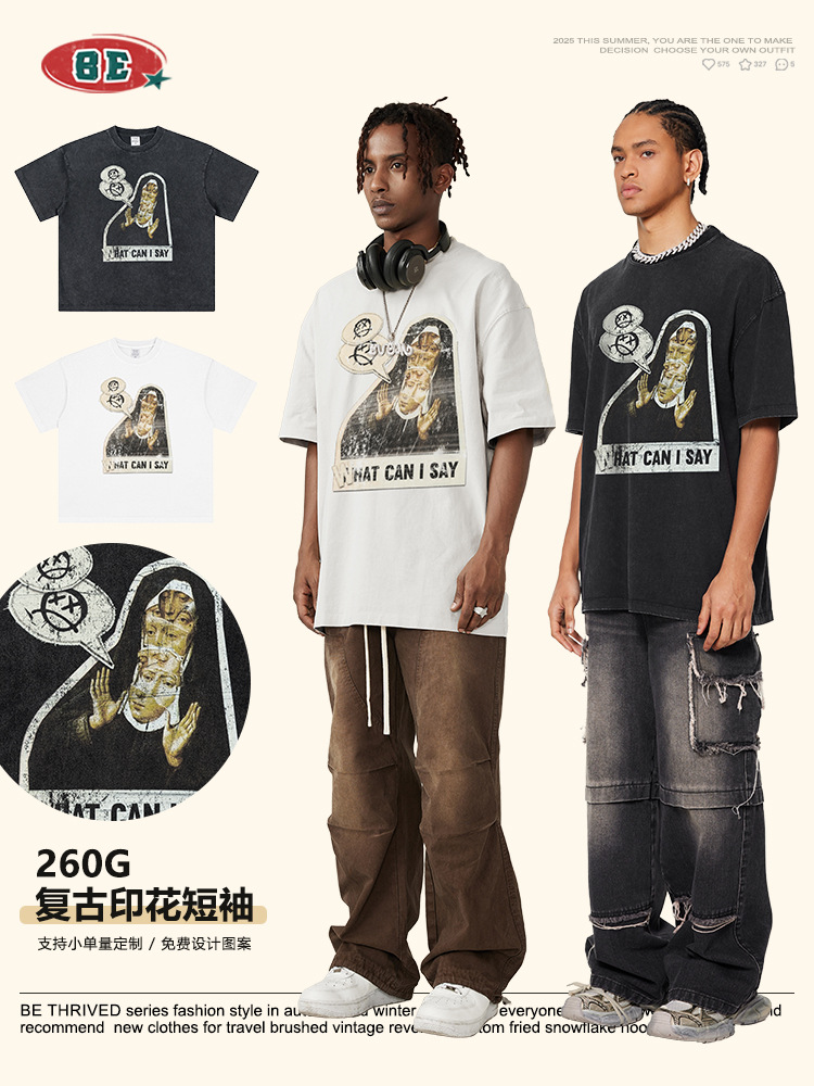 Ropa para Hombre BE | Camiseta Retro de Verano 2025, Estilo Europeo y Americano, con Ilustraciones Oscuras y Divertidas, de Corte Holgado y Manga Corta para Hombre
