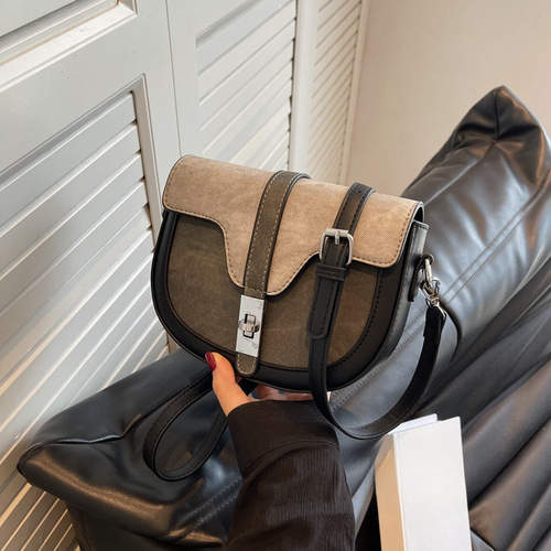 French niche bag for women 2024 autumn and winter new style high-end and stylish one-shoulder crossbody bag PU color matching saddle bag