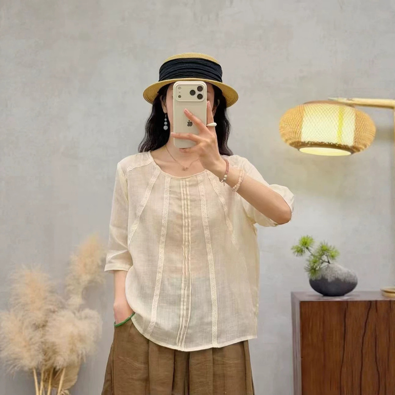 2026 Summer Style Short-Sleeve Women's Pure Ramie Lace Patchwork New Shirt Casual Top Blouse