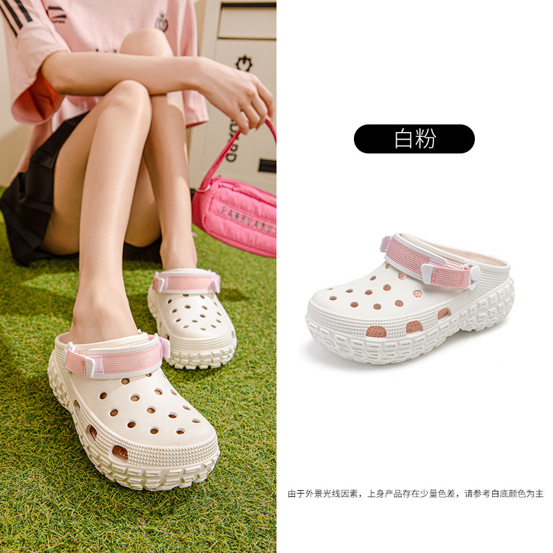 2025 nuevos zapatos con agujeros de neumáticos de suela súper gruesa para mujer, deportes de altura, uso externo, resistente al desgaste, pisando la mierda, sandalias Baotou al aire libre