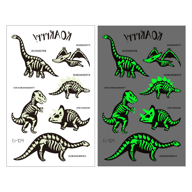 Suministro transfronterizo nuevo dinosaurio luminoso tatuaje pegatinas niños dibujos animados diversión pegatinas luminosas pegatinas temporales del tatuaje
