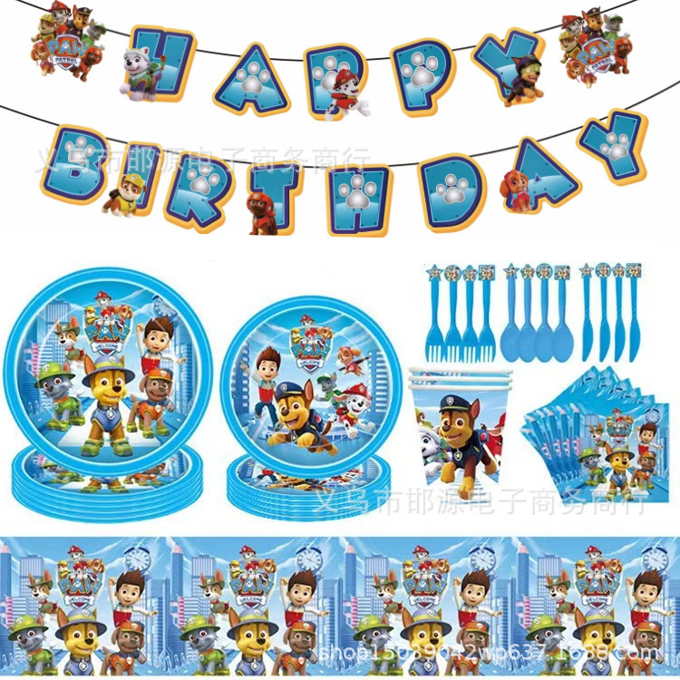 Paw Patrol Birthday Theme Decoration Tableware Dog Party Flag Paper Cups Paper Plates Disposable Knife Fork Spoon Set