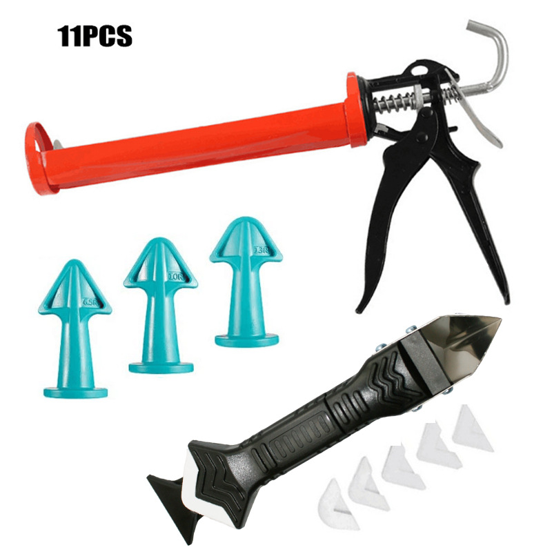 跨境热卖11件填缝美缝套装玻璃胶压胶枪填缝涂抹胶嘴密封修整铲刀
