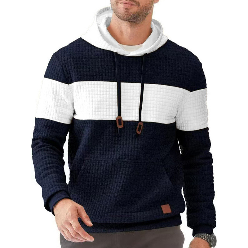 欧码男装亚马逊春秋卫衣新款男士拼色方格长袖连帽衫休闲运动上衣