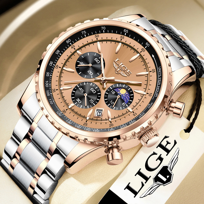 Lige Cross-Border Men's Quartz Watch Fashion Business Watch Moon Phase Multi-Function Waterproof Watch Lg8989
