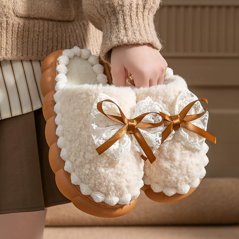 Новые высококачественные женские тапочки из хлопка с бантом, модные, на толстой подошве, на флисовой подкладке, теплые для осени и зимы, домашние тапочки для трансграничной продажи.